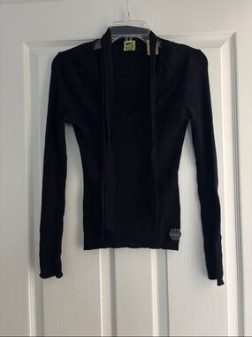 Vintage Miss Sixty Wool/Cashmere Ribbed V-Neck Sweater with Double Tie Neck Sz S